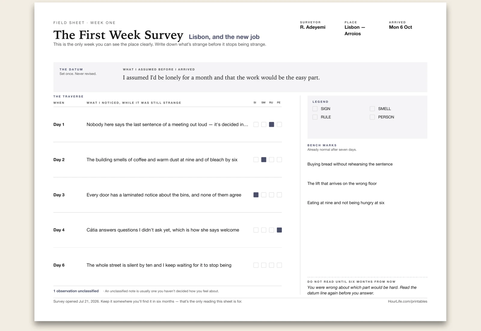 The First Week Survey filled example preview