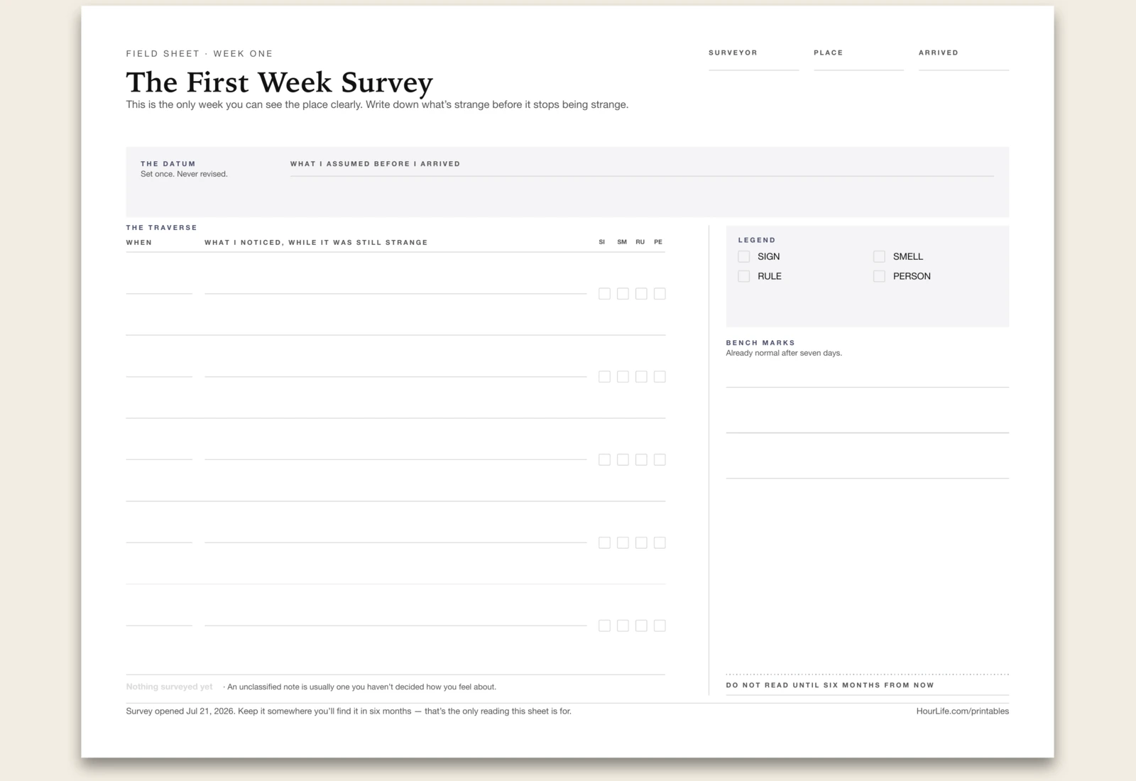 The First Week Survey blank layout preview