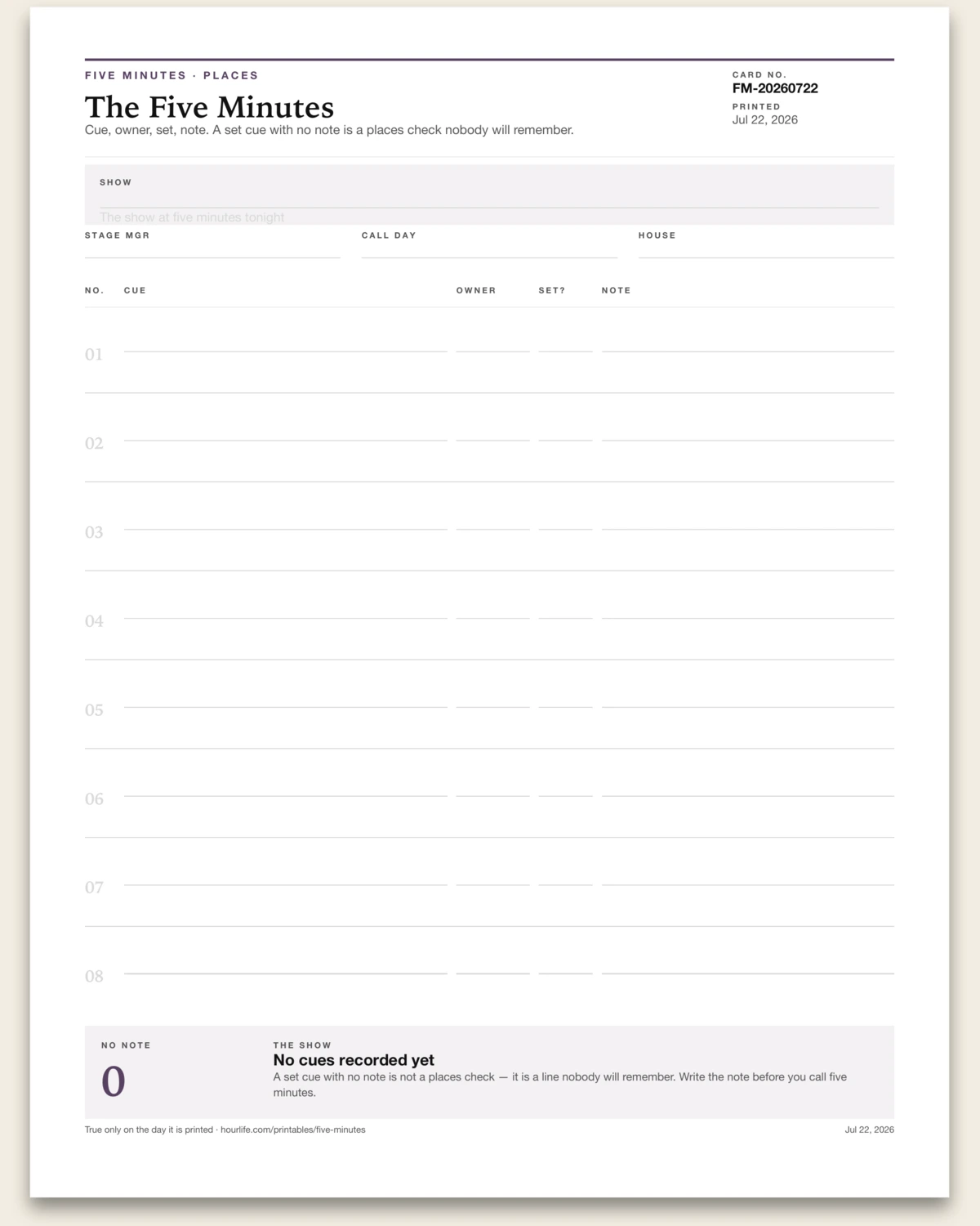 The Five Minutes blank layout preview