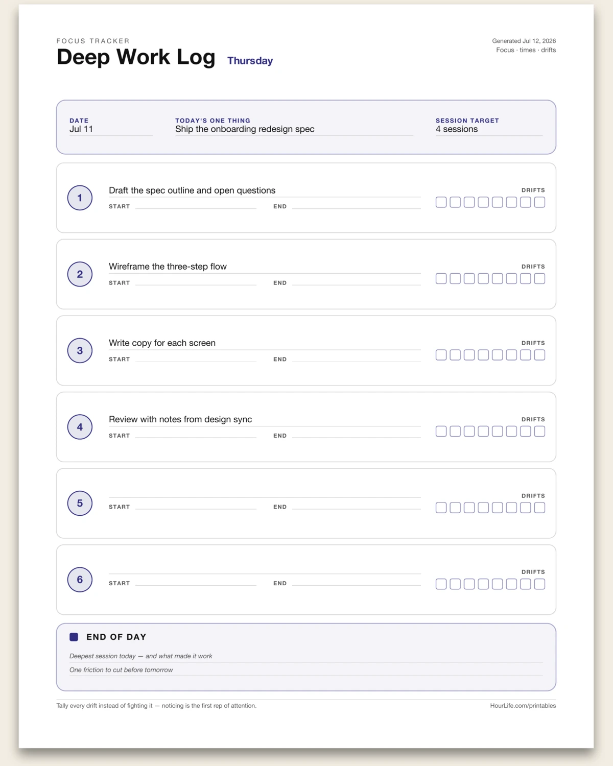 Focus Session Log filled example preview