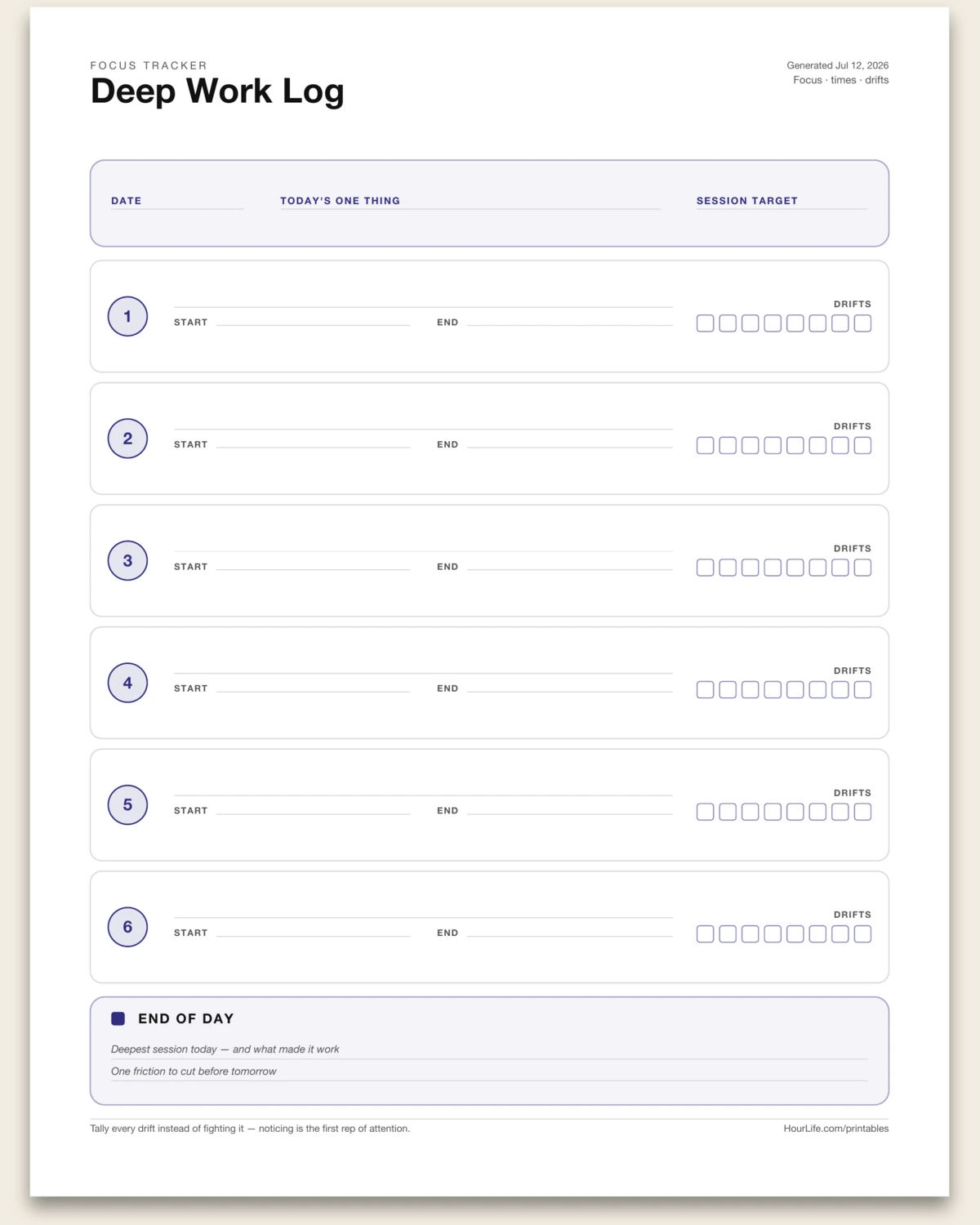 Focus Session Log blank layout preview