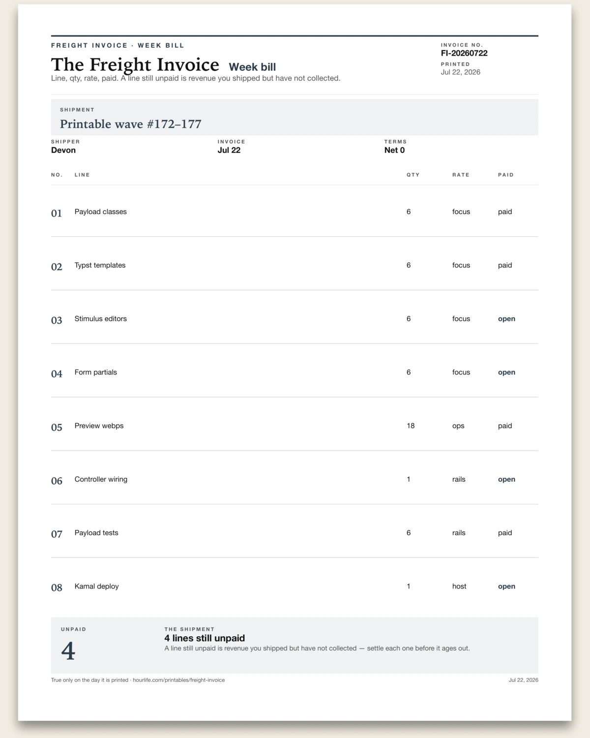 The Freight Invoice filled example preview