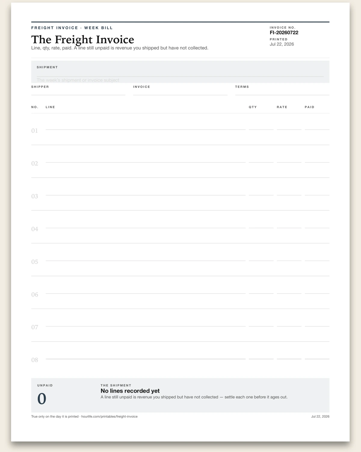 The Freight Invoice blank layout preview