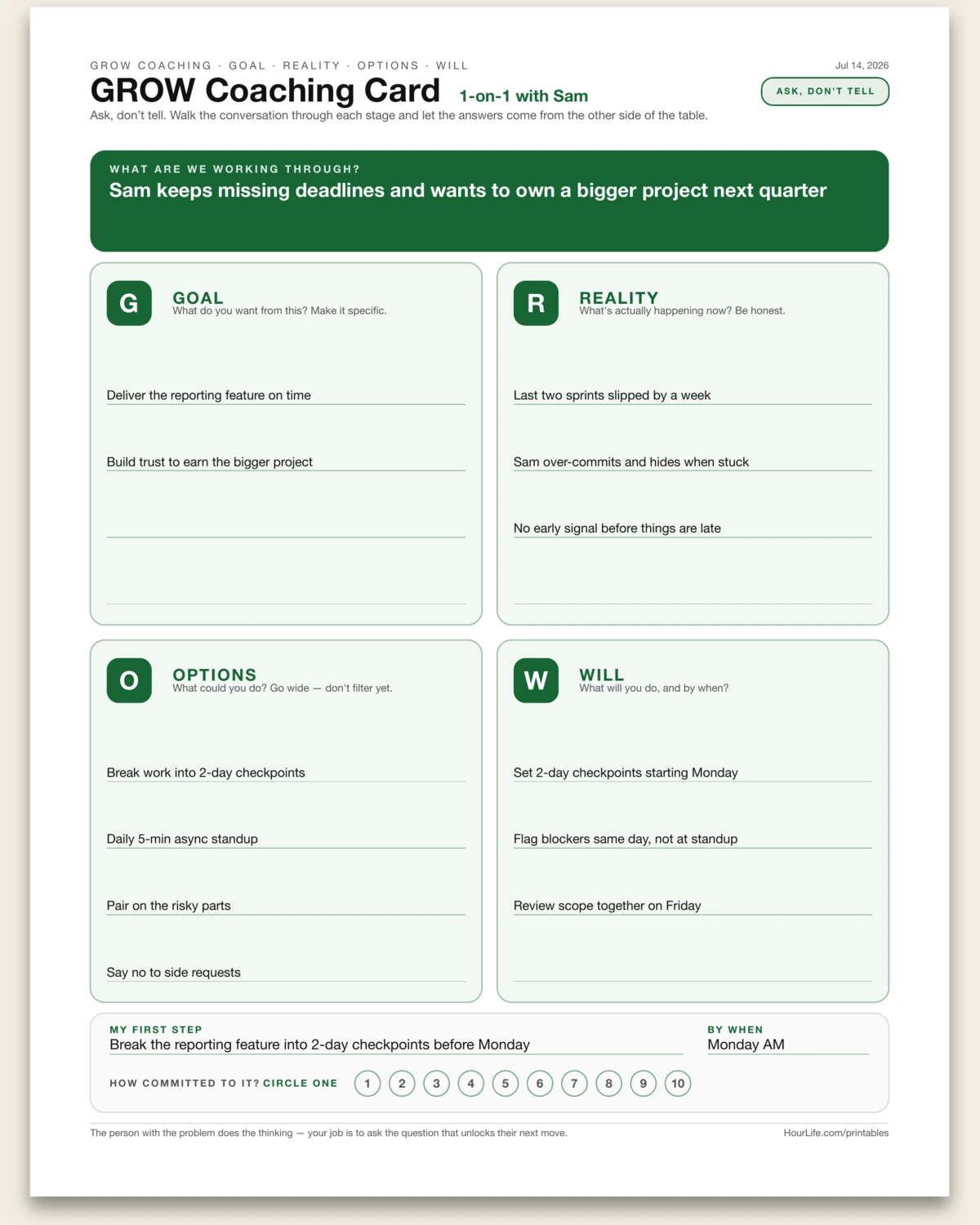 GROW Coaching Card filled example preview