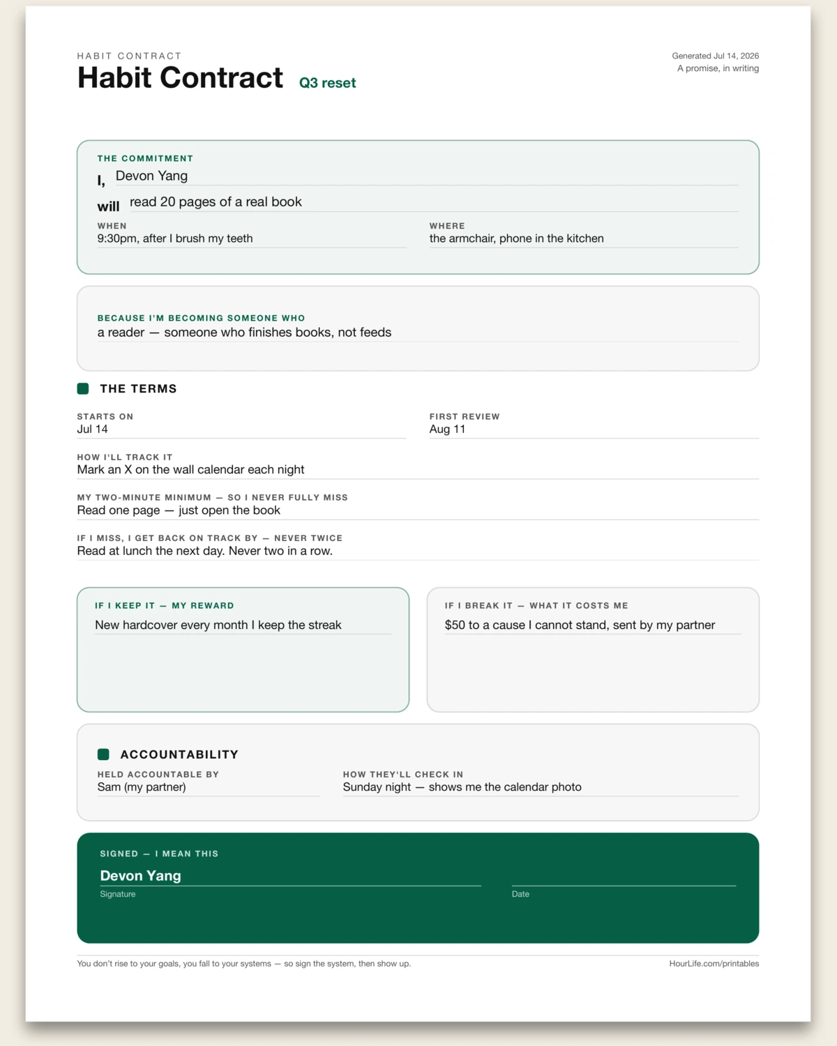 Habit Contract filled example preview