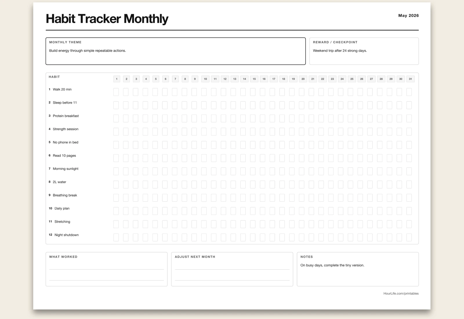 Habit Tracker (Monthly) filled example preview