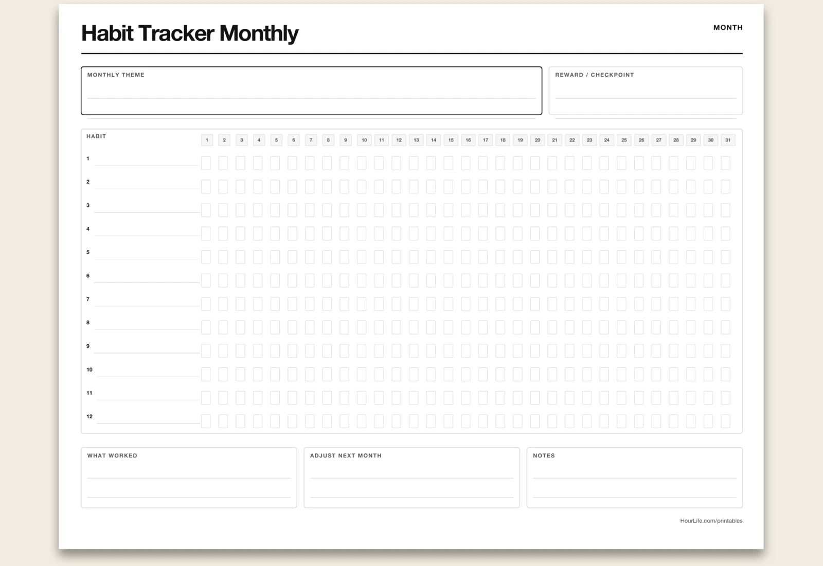 Habit Tracker (Monthly) blank layout preview