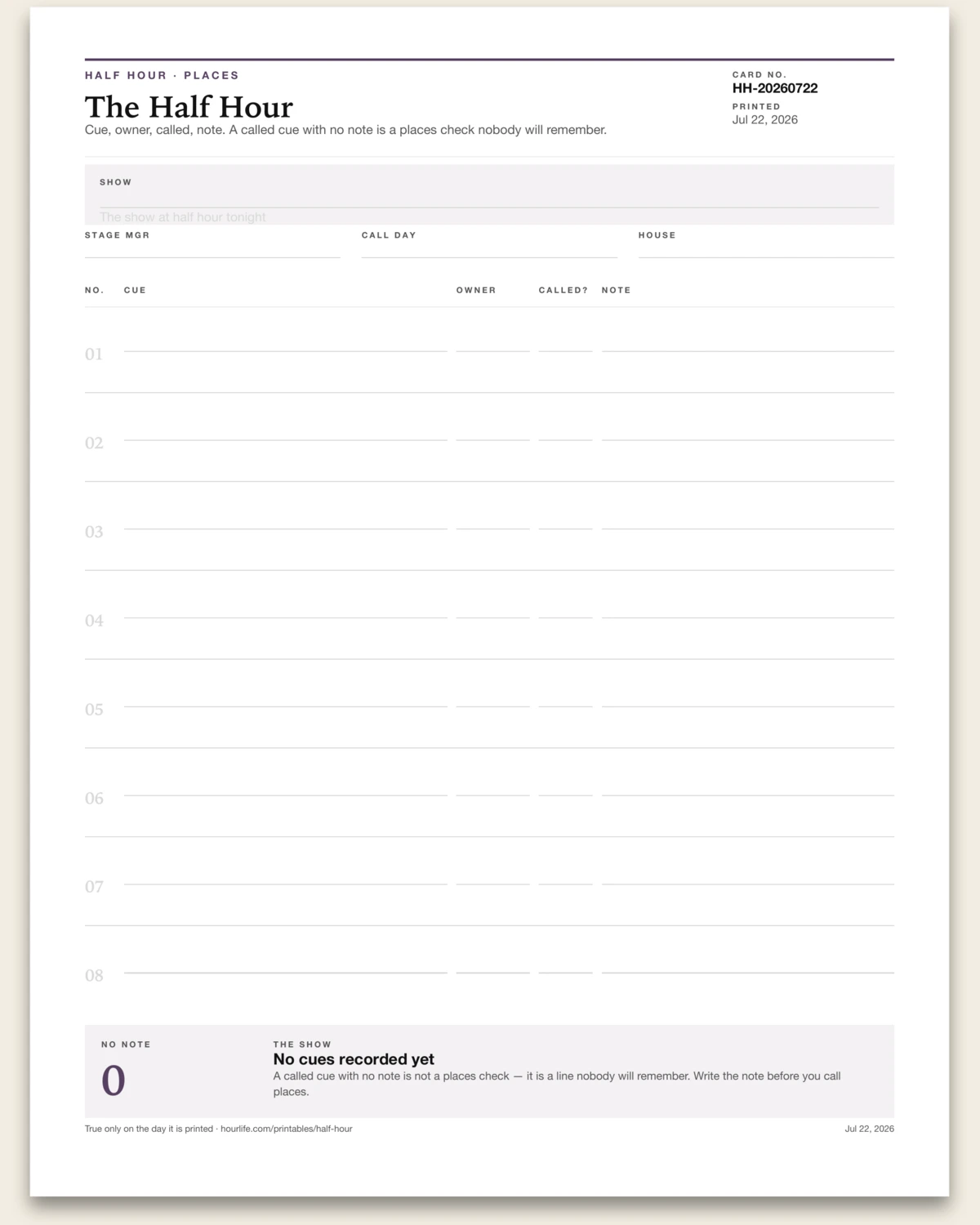 The Half Hour blank layout preview