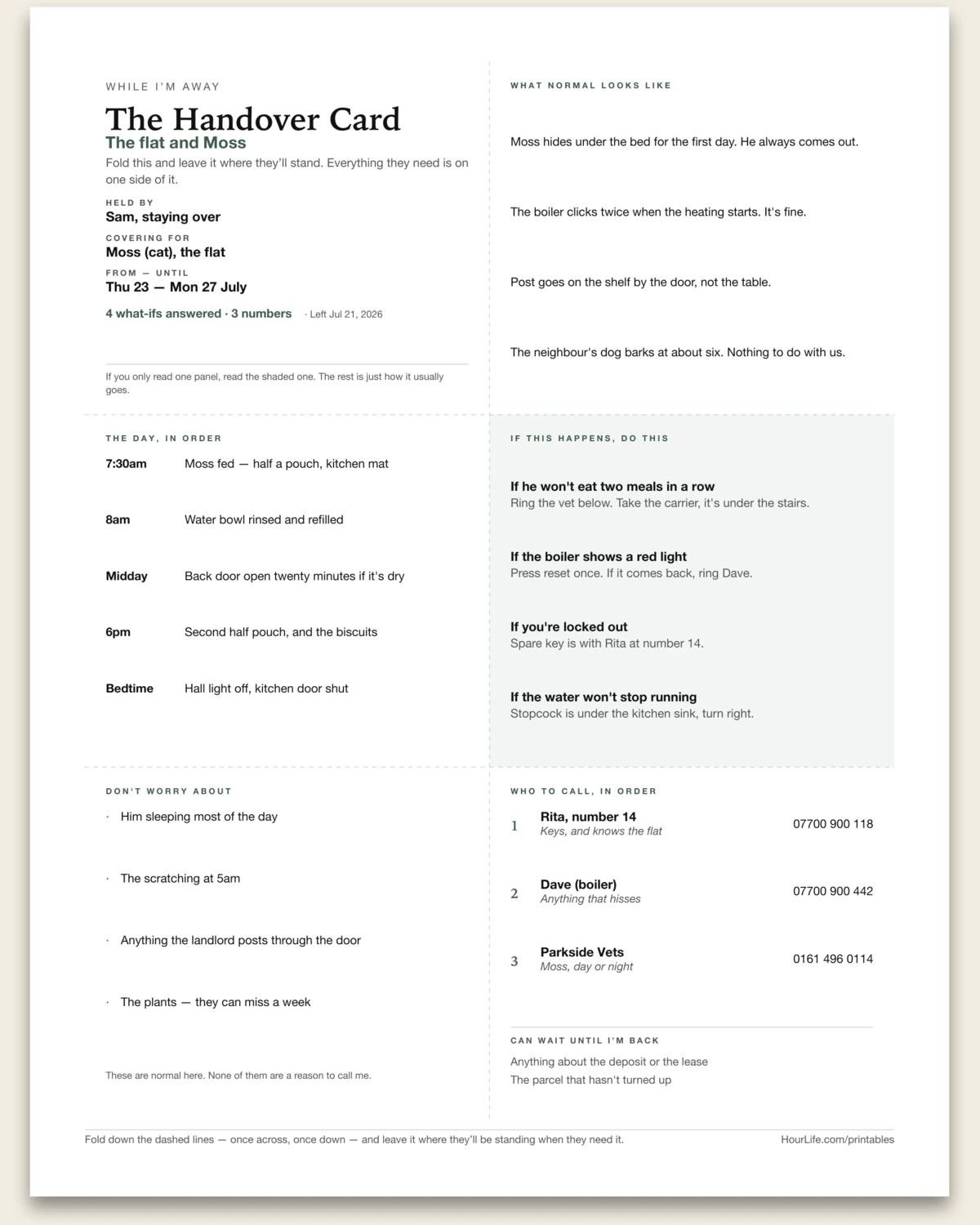 The Handover Card filled example preview