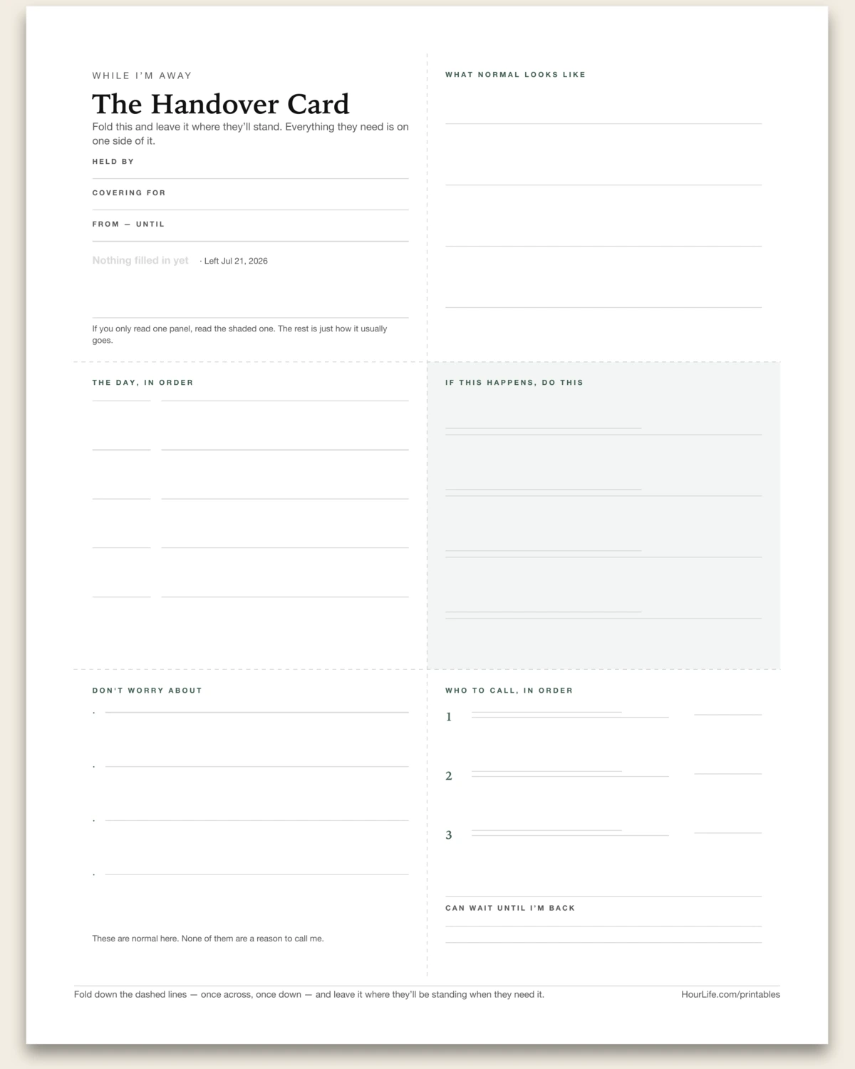 The Handover Card blank layout preview