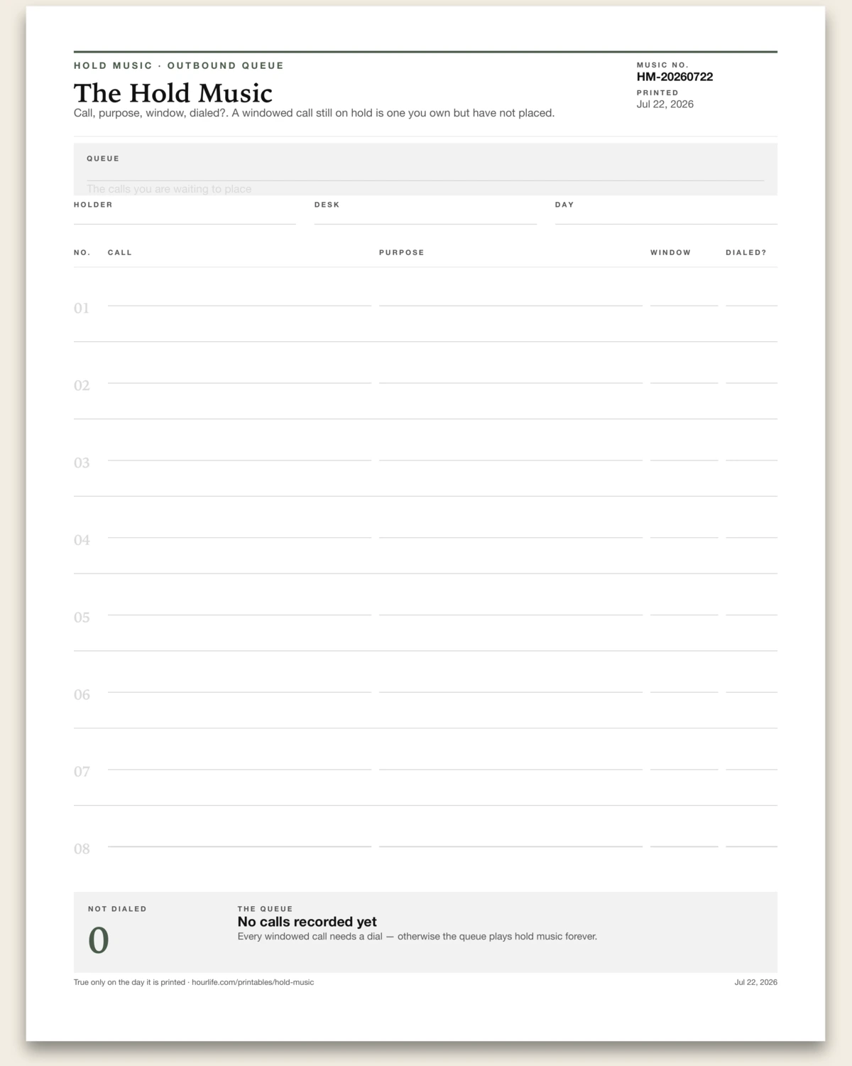 The Hold Music blank layout preview