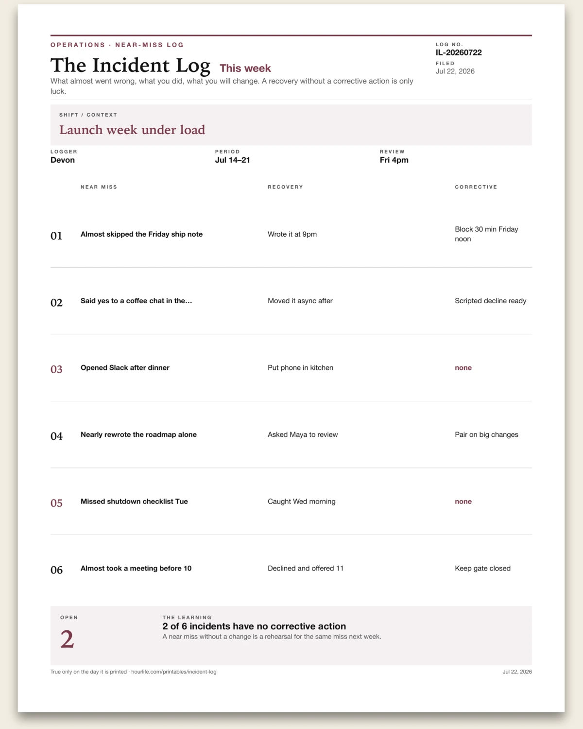 The Incident Log filled example preview