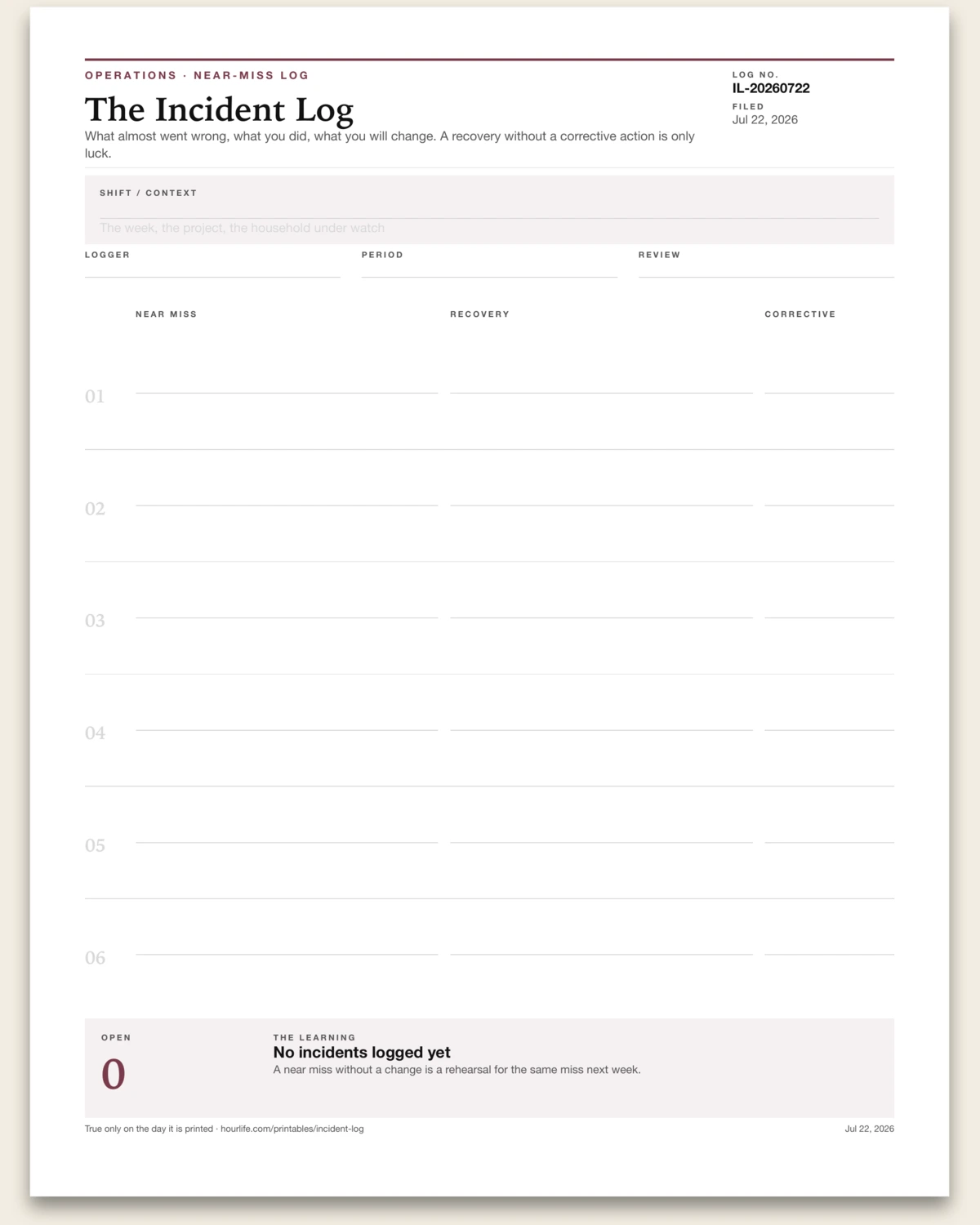 The Incident Log blank layout preview