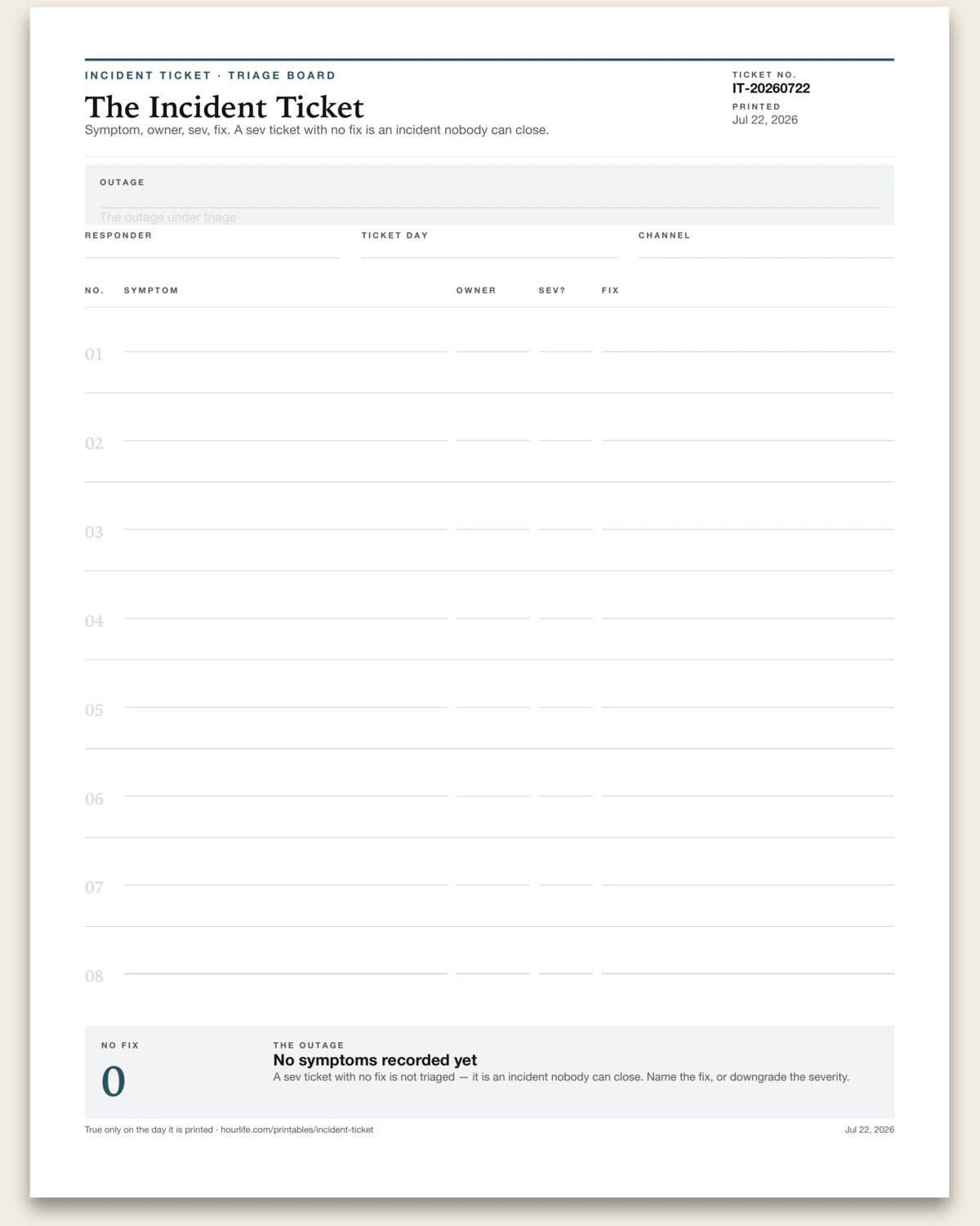 The Incident Ticket blank layout preview