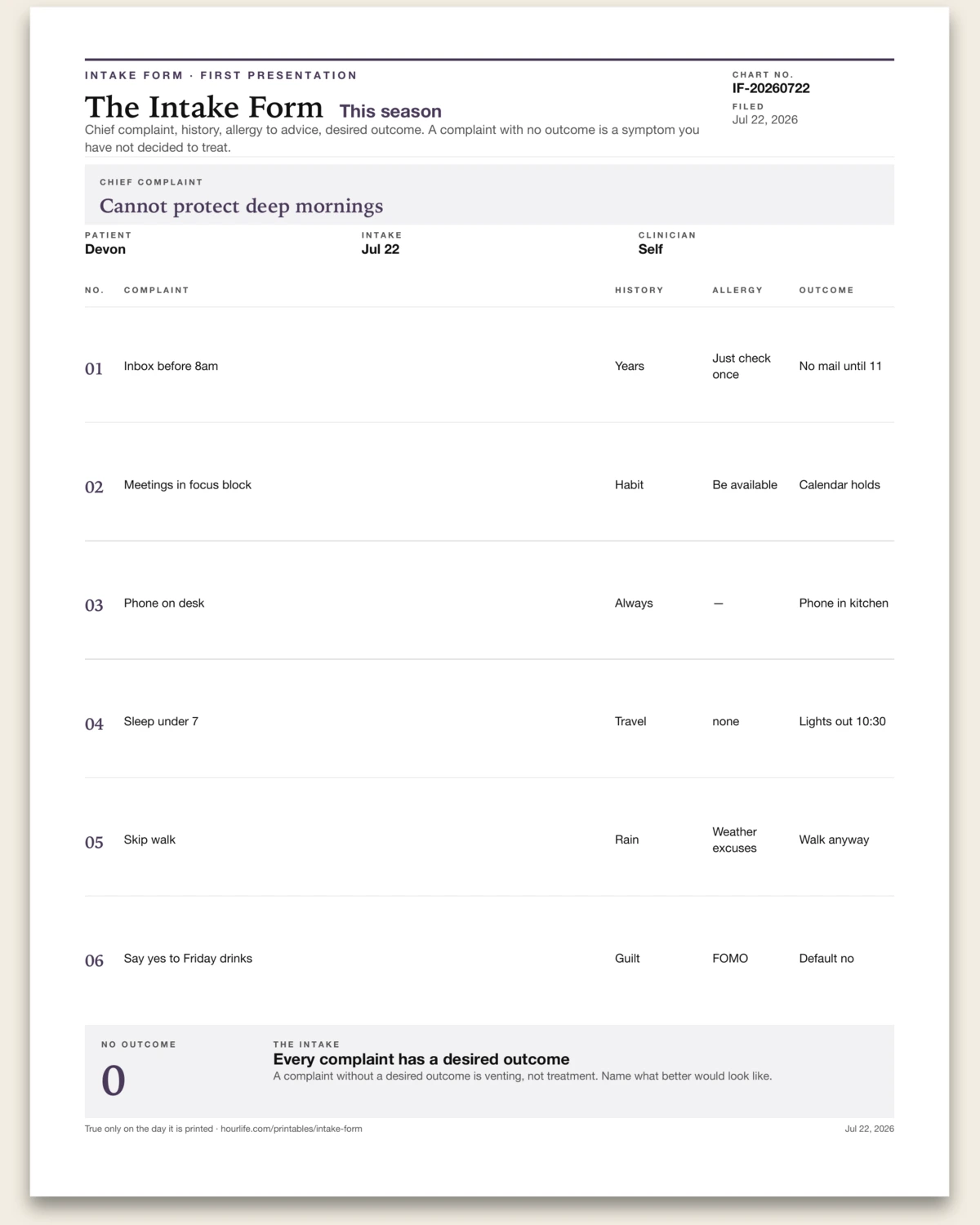 The Intake Form filled example preview