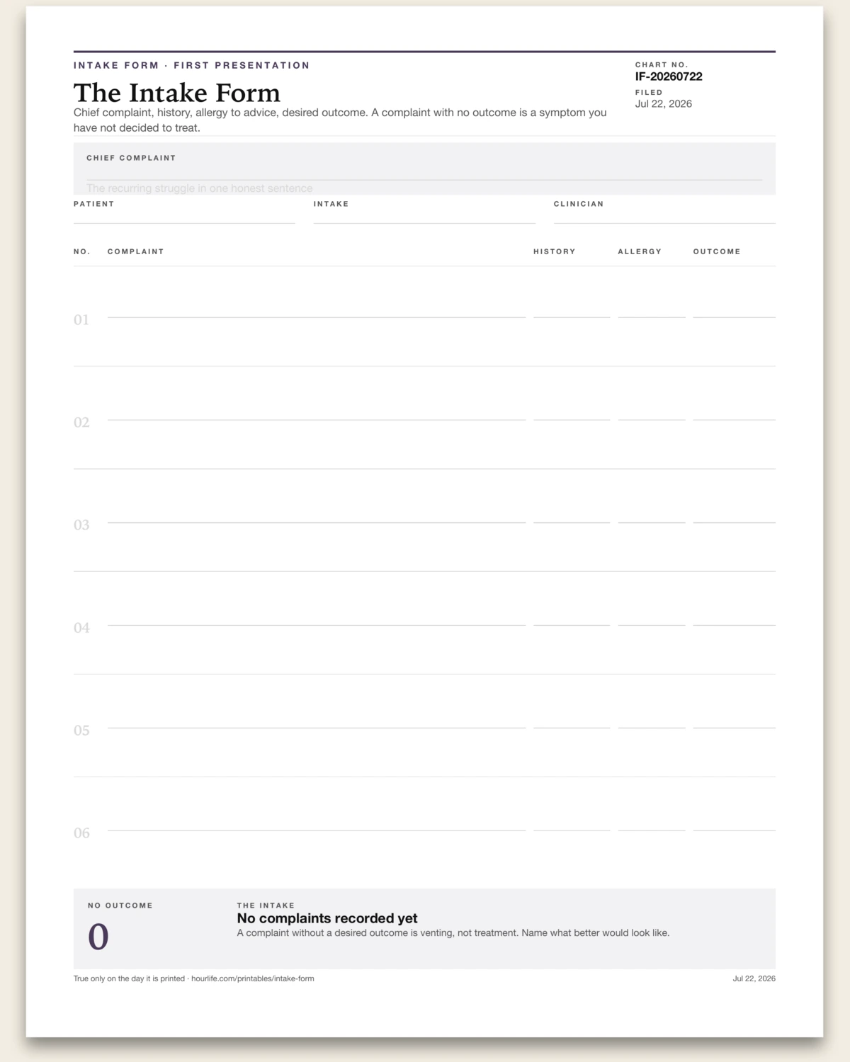 The Intake Form blank layout preview