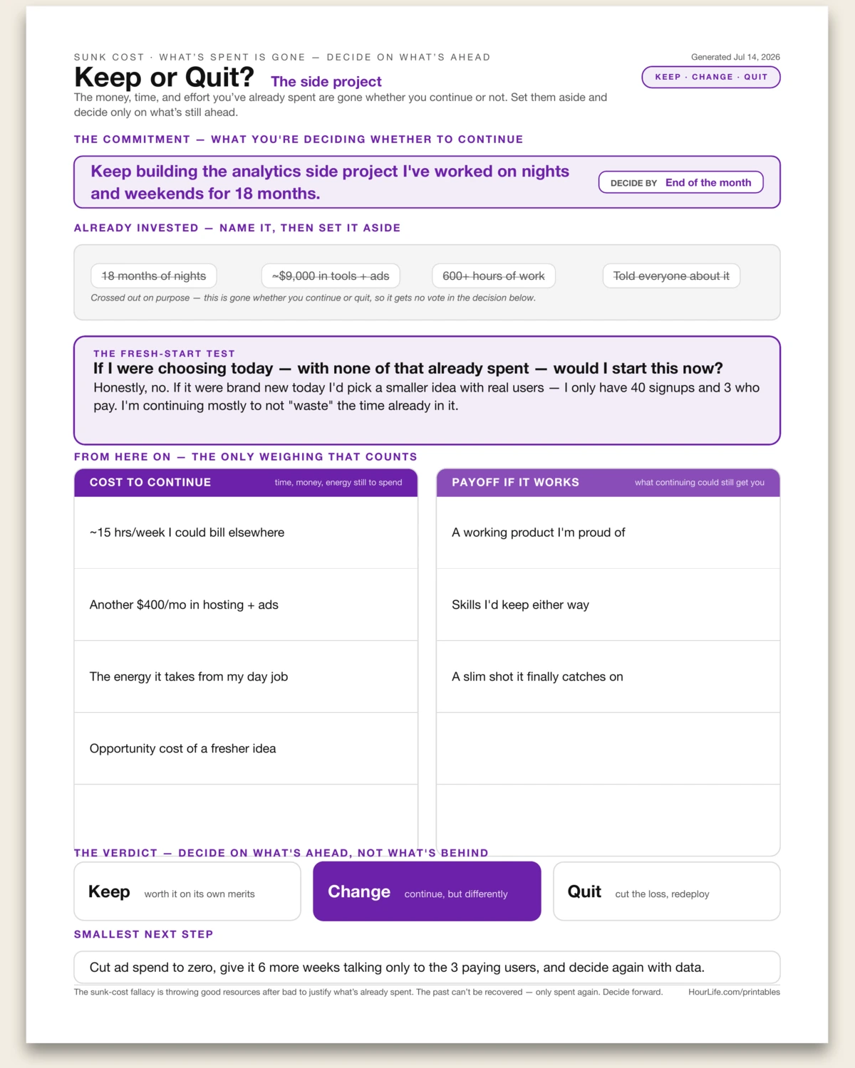 Keep or Quit? filled example preview