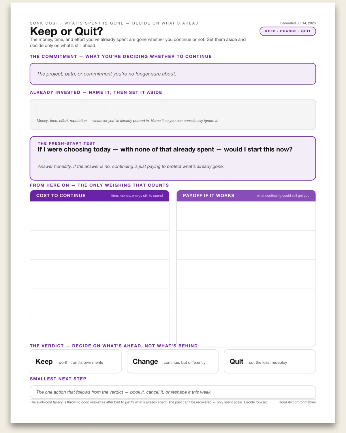 Keep or Quit? blank layout preview