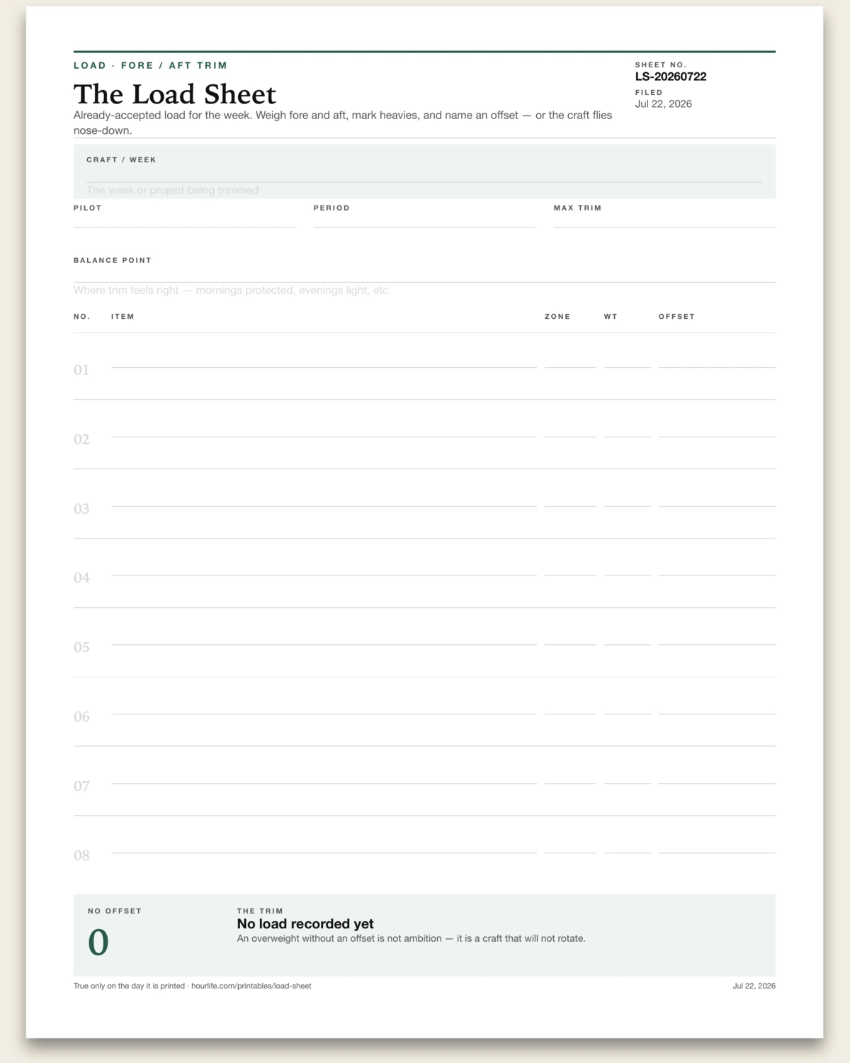 The Load Sheet blank layout preview