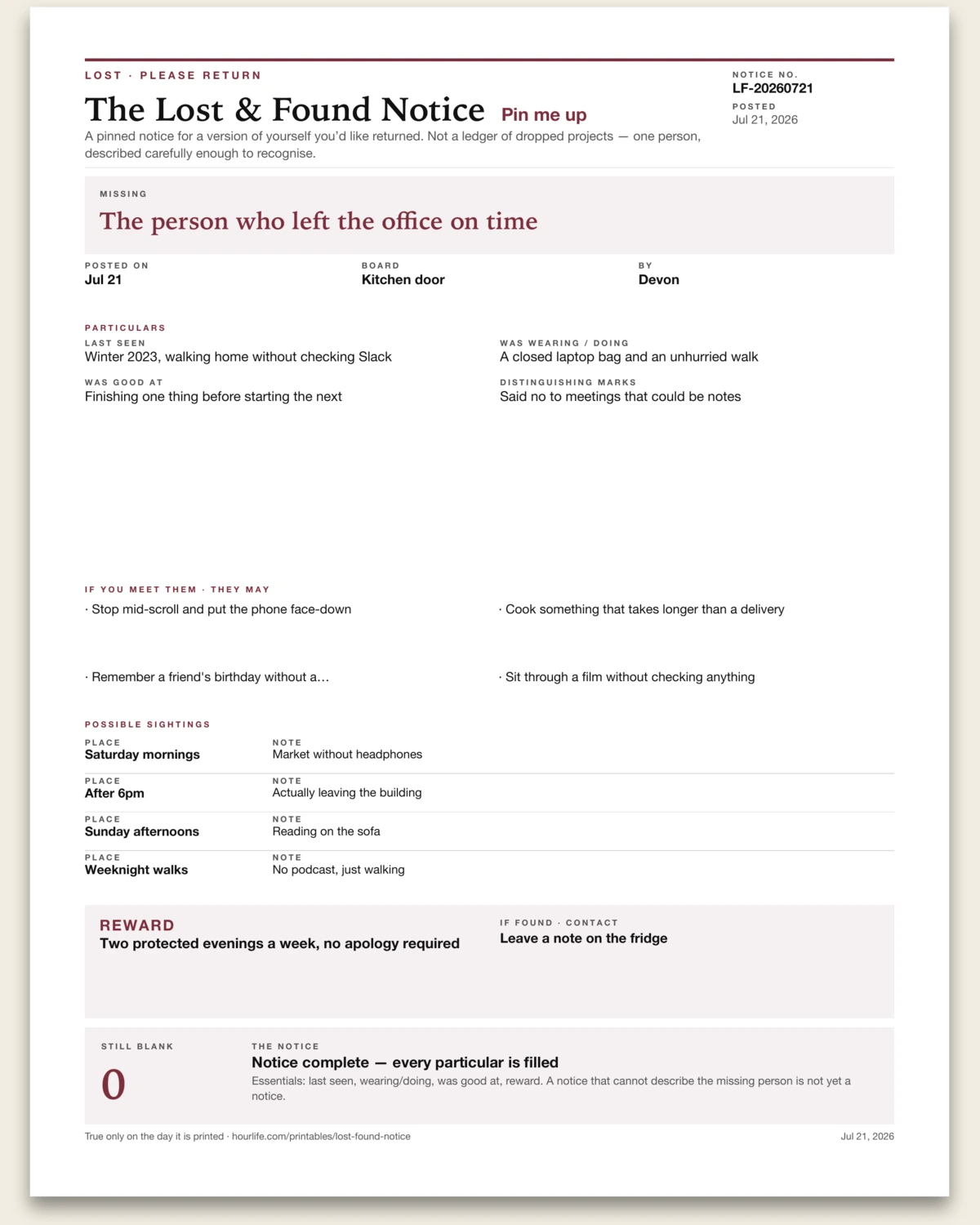 The Lost & Found Notice filled example preview