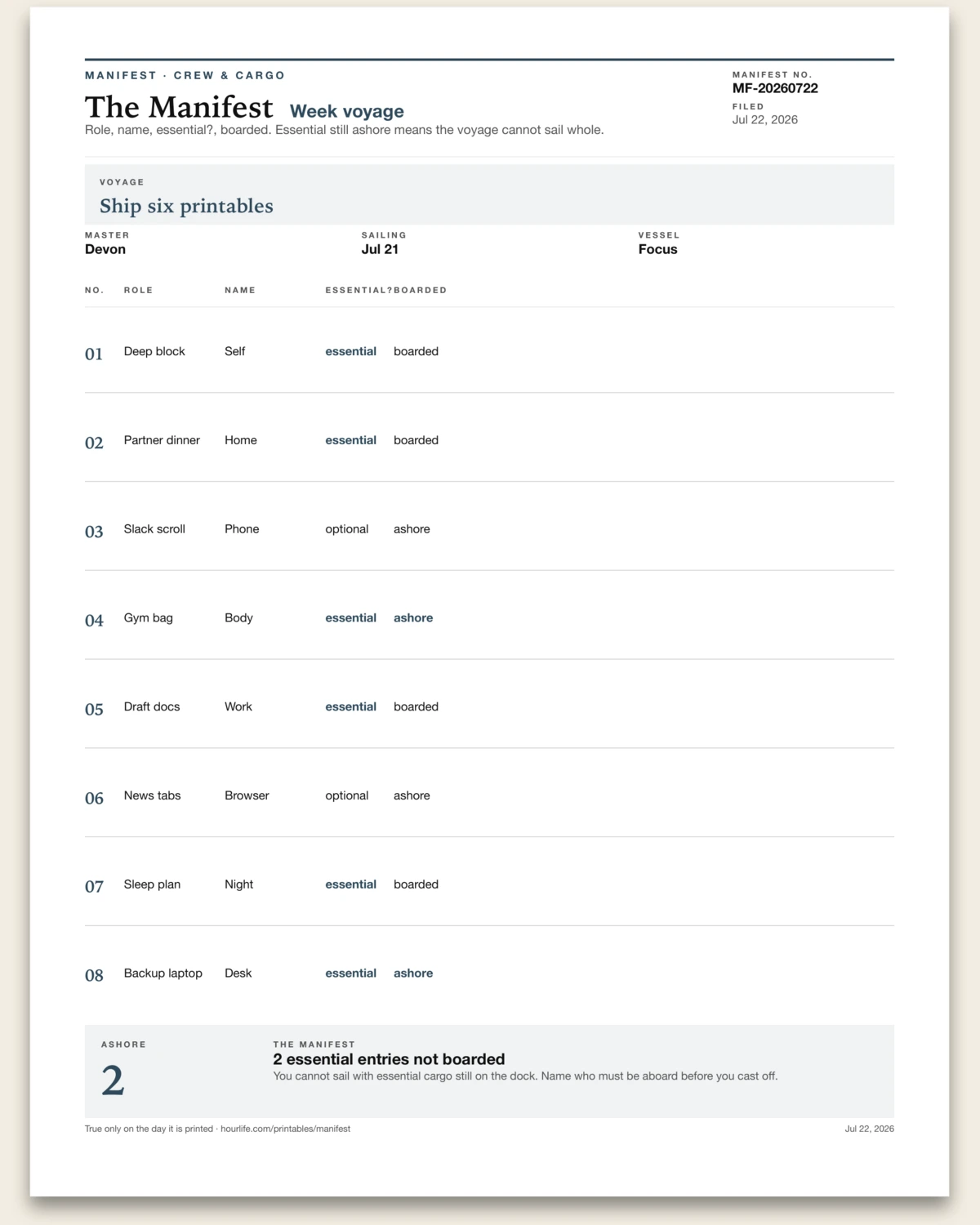 The Manifest filled example preview