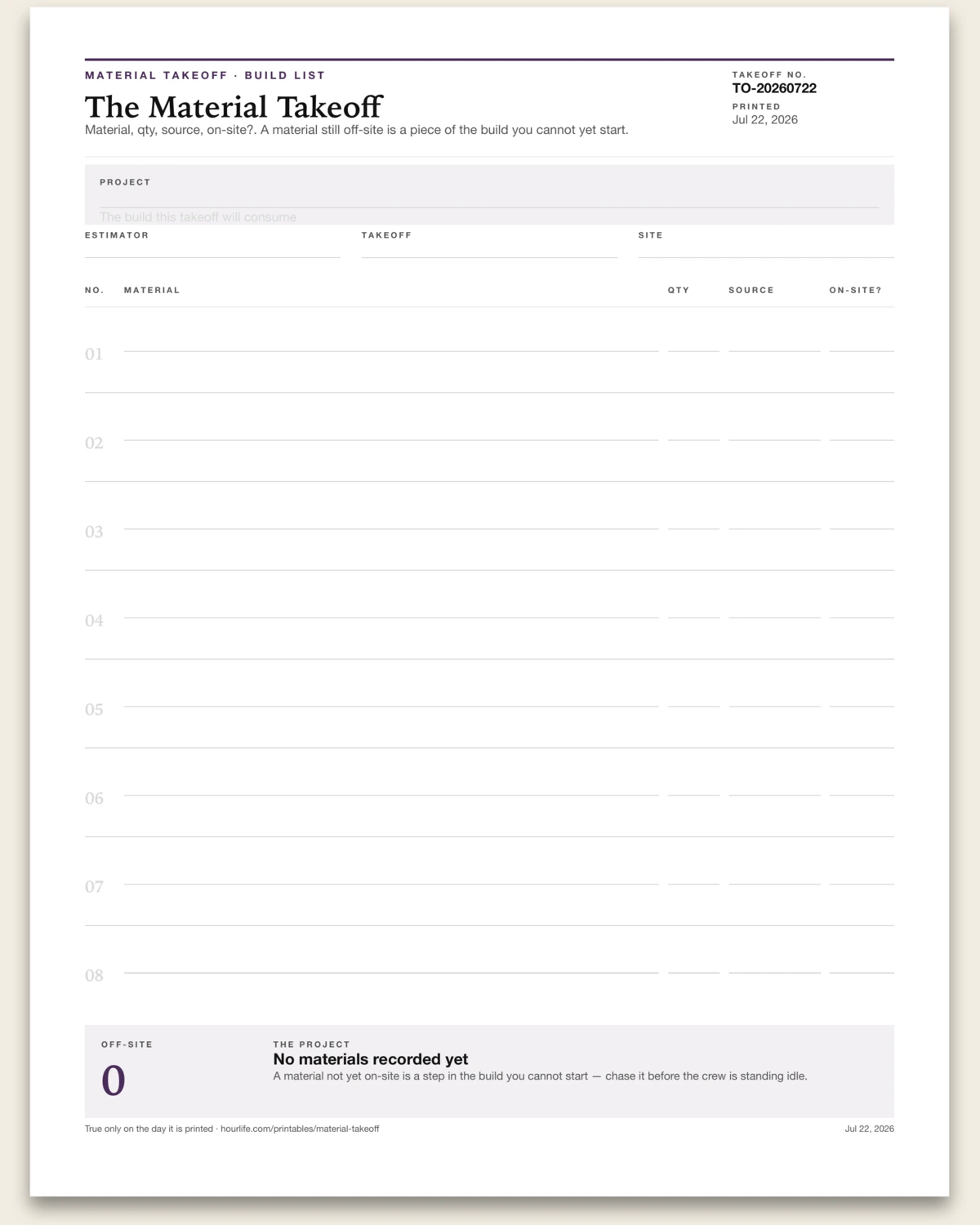 The Material Takeoff blank layout preview