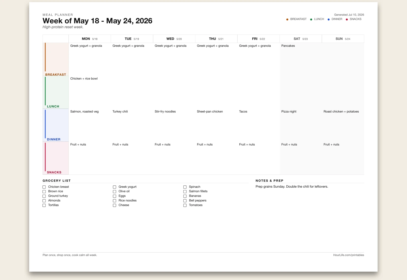 Meal Planner filled example preview