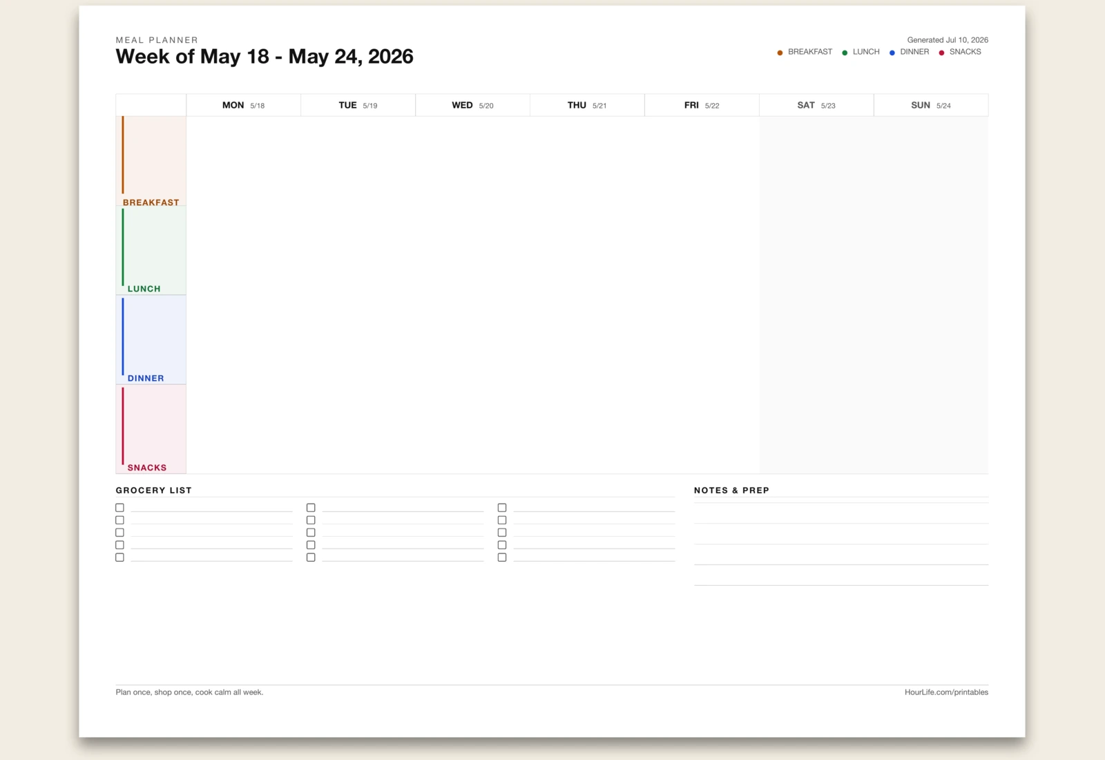 Meal Planner blank layout preview