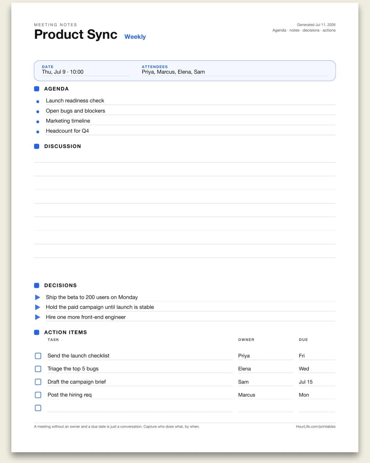 Meeting Notes filled example preview