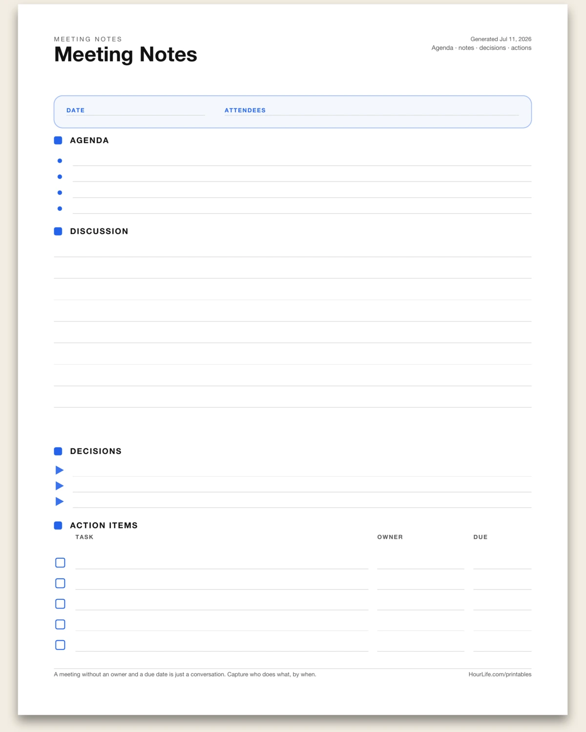 Meeting Notes blank layout preview