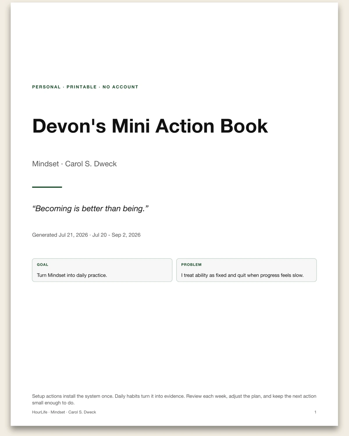 A filled-in Mini Action Book, as it prints