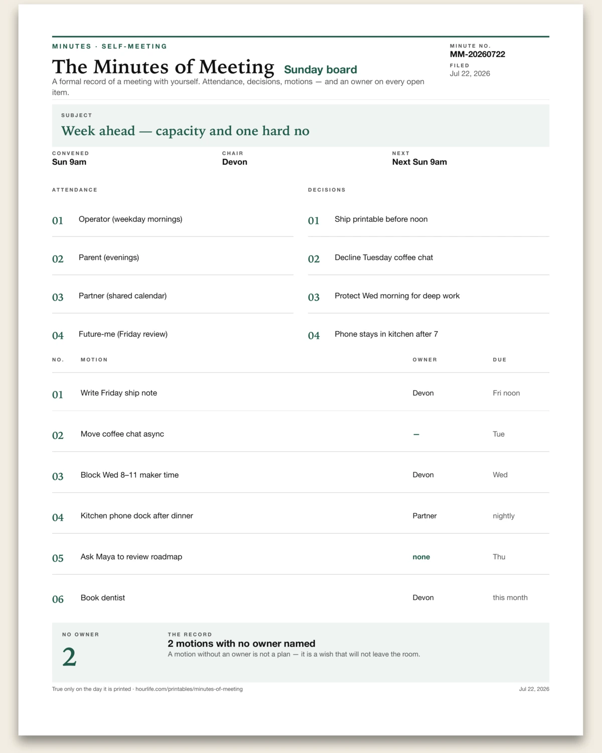 The Minutes of Meeting filled example preview