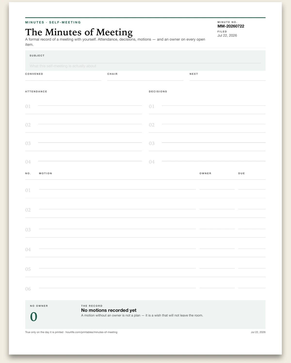 The Minutes of Meeting blank layout preview
