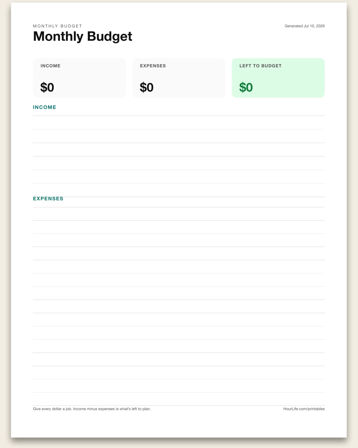 Monthly Budget blank layout preview
