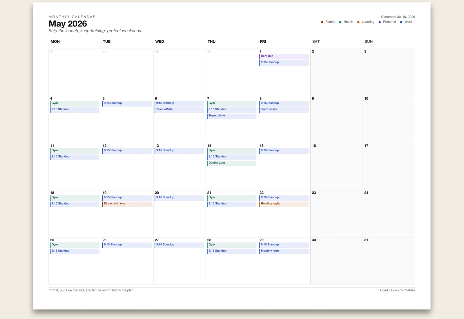 Monthly Calendar filled example preview