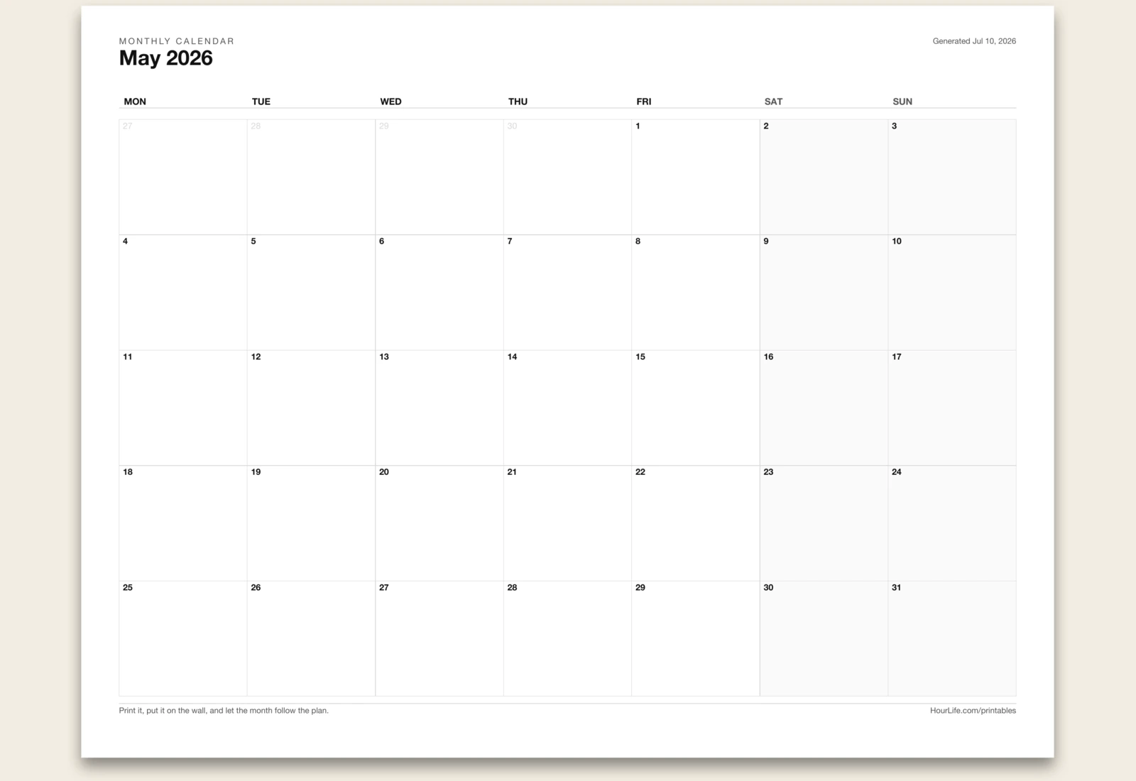 Monthly Calendar blank layout preview