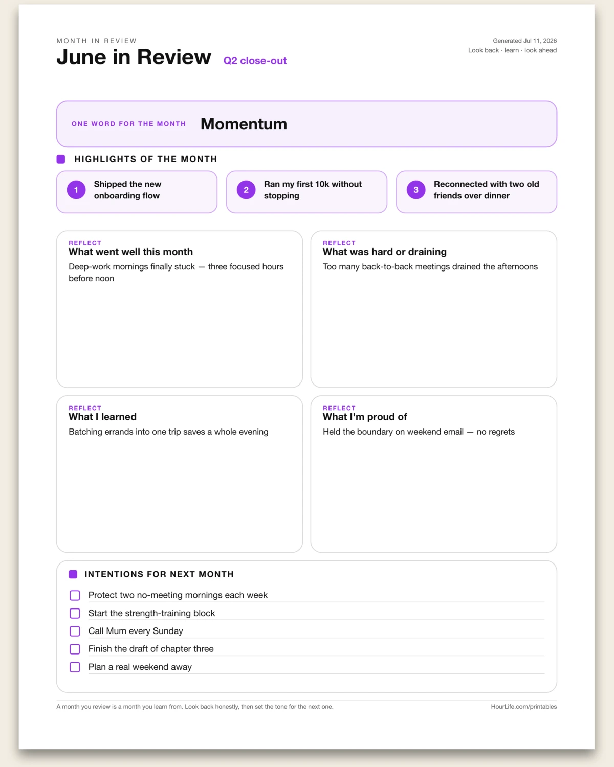 Monthly Reflection filled example preview