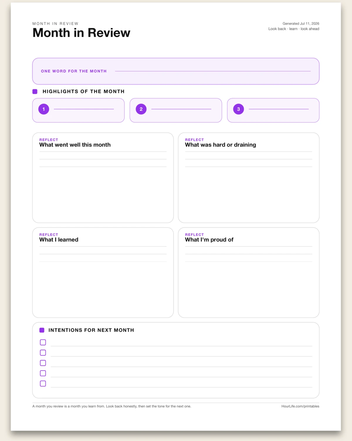 Monthly Reflection blank layout preview