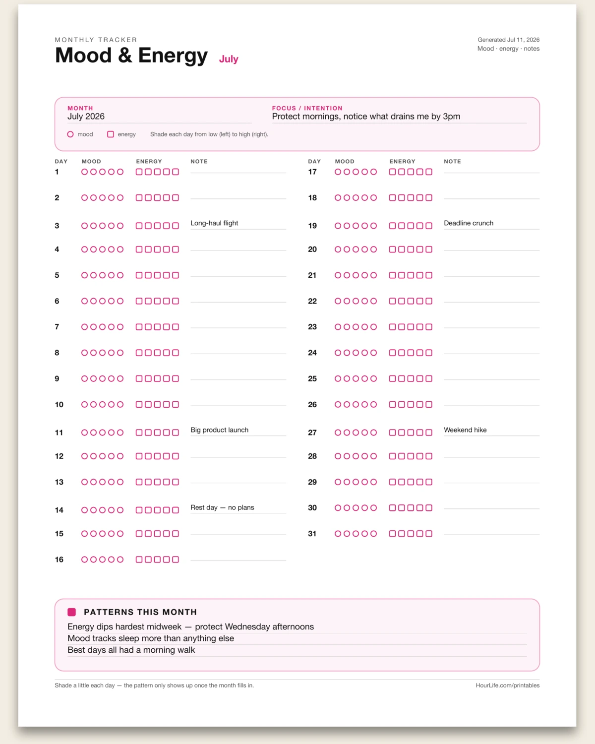 Mood & Energy Tracker filled example preview