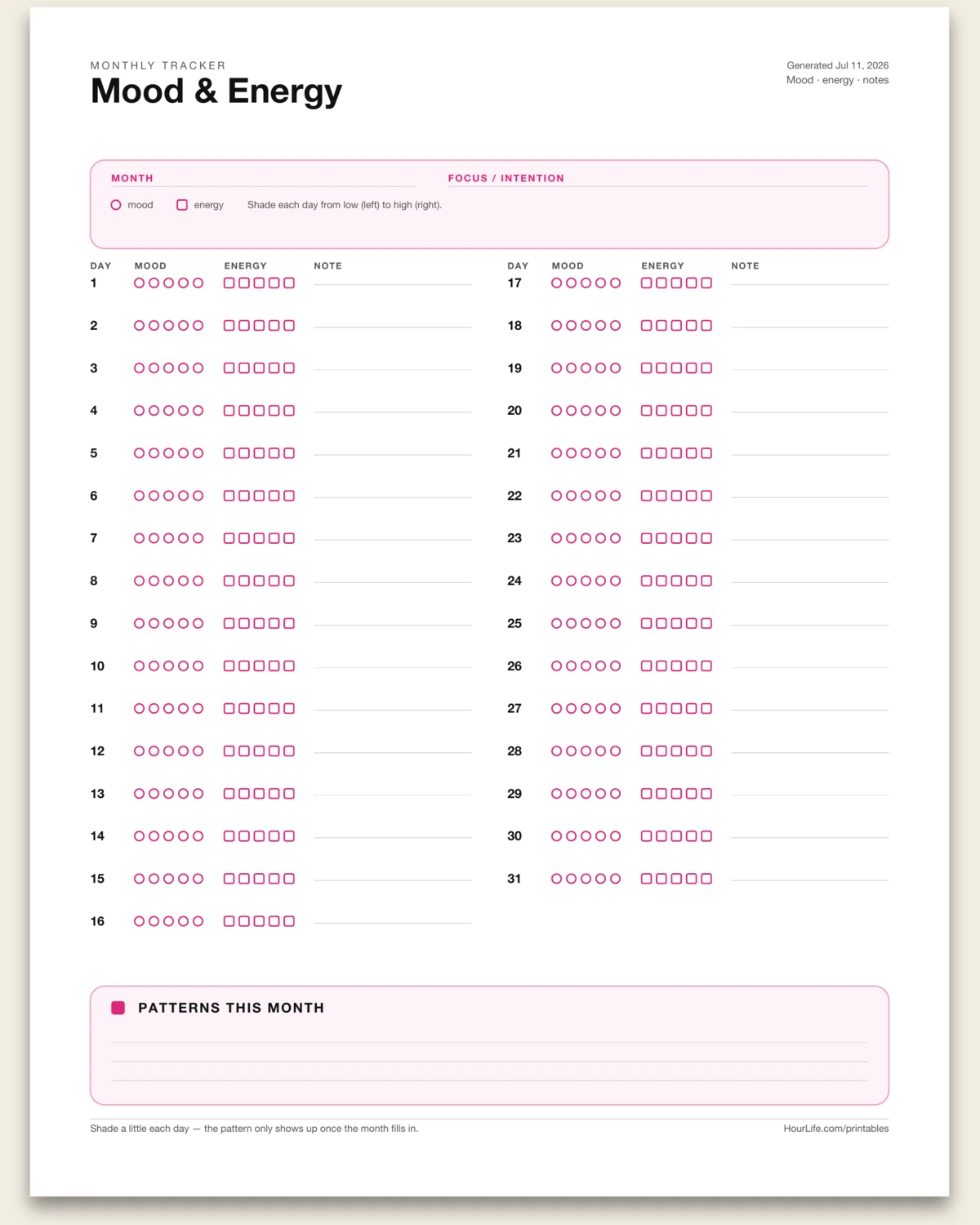 Mood & Energy Tracker blank layout preview