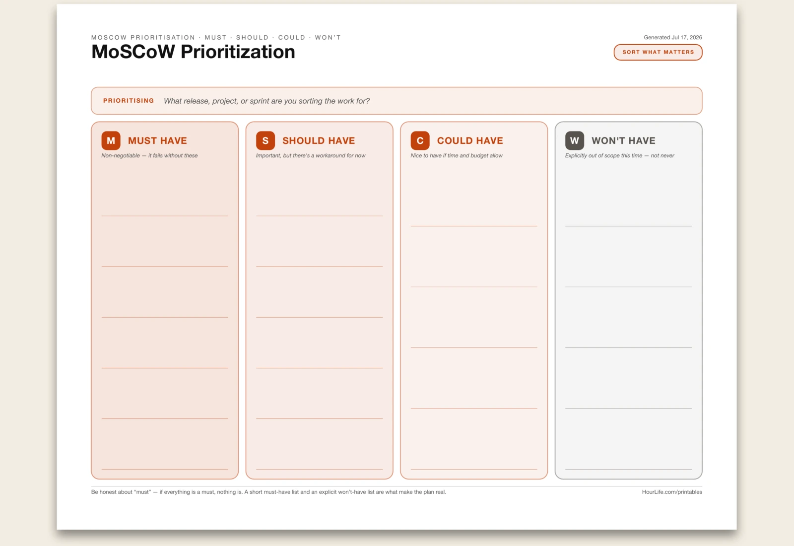 MoSCoW Prioritization blank layout preview