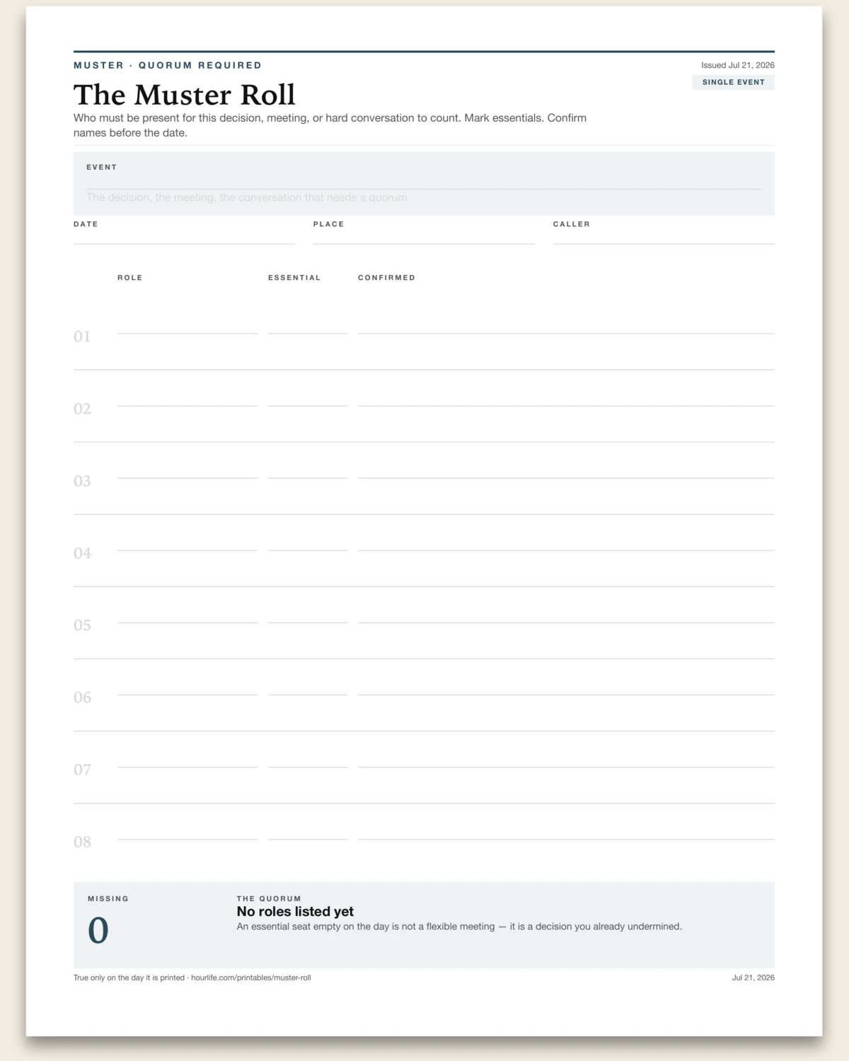 The Muster Roll blank layout preview