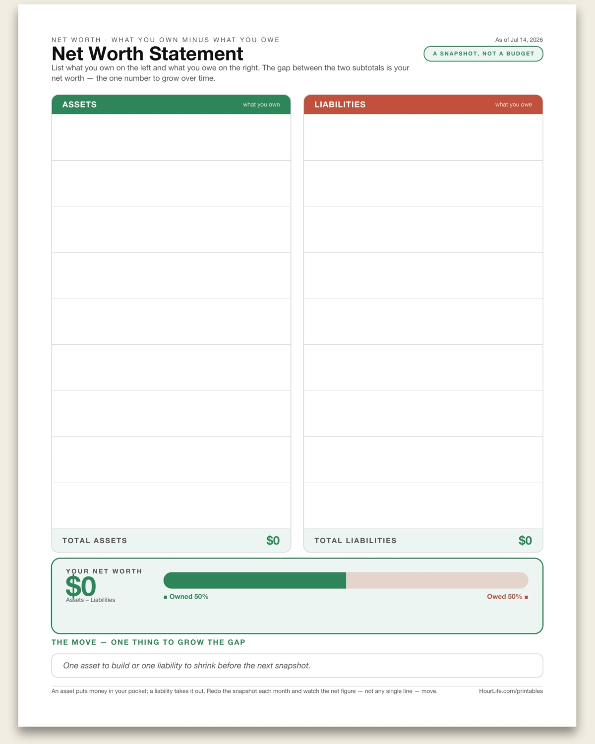 Net Worth Statement blank layout preview
