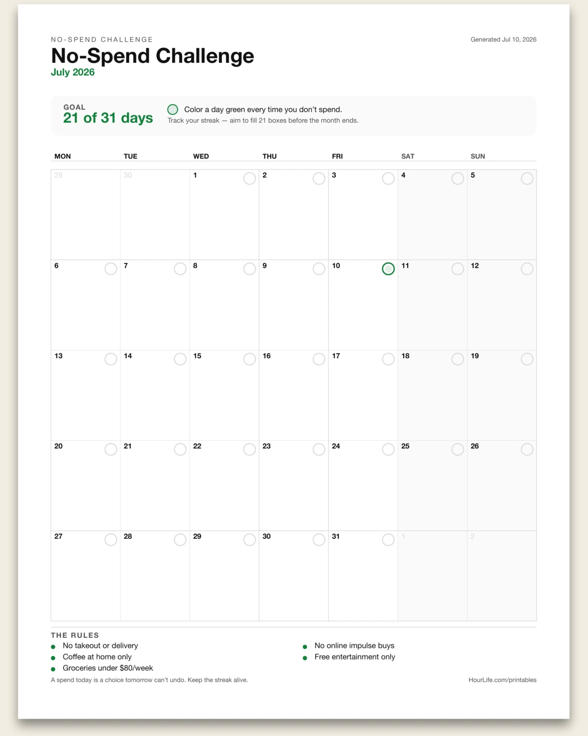 No-Spend Challenge filled example preview