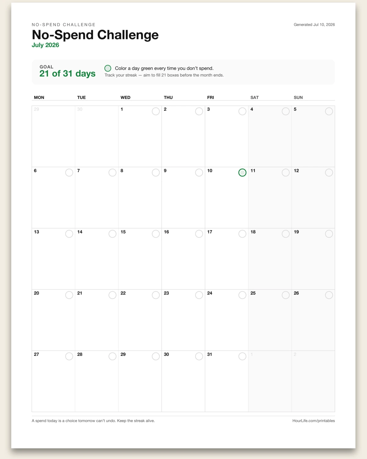 No-Spend Challenge blank layout preview