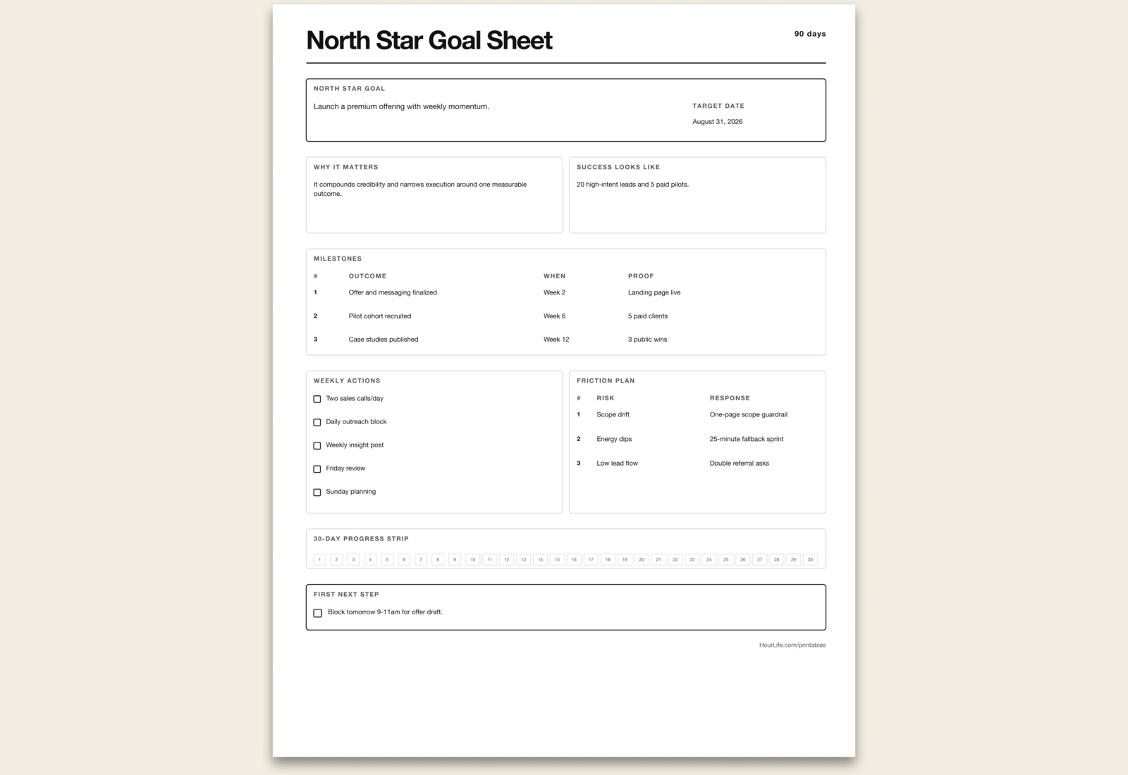 North Star Goal Sheet filled example preview