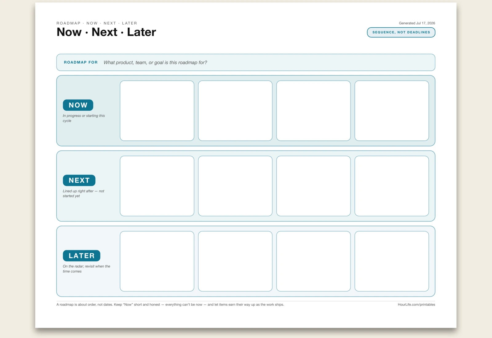 Now / Next / Later Roadmap blank layout preview
