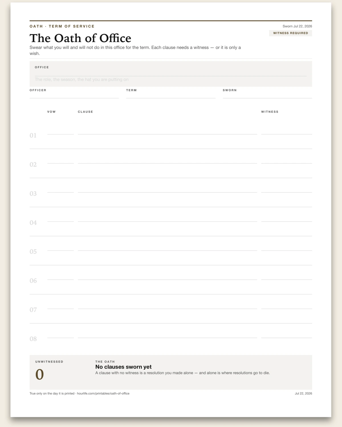 The Oath of Office blank layout preview
