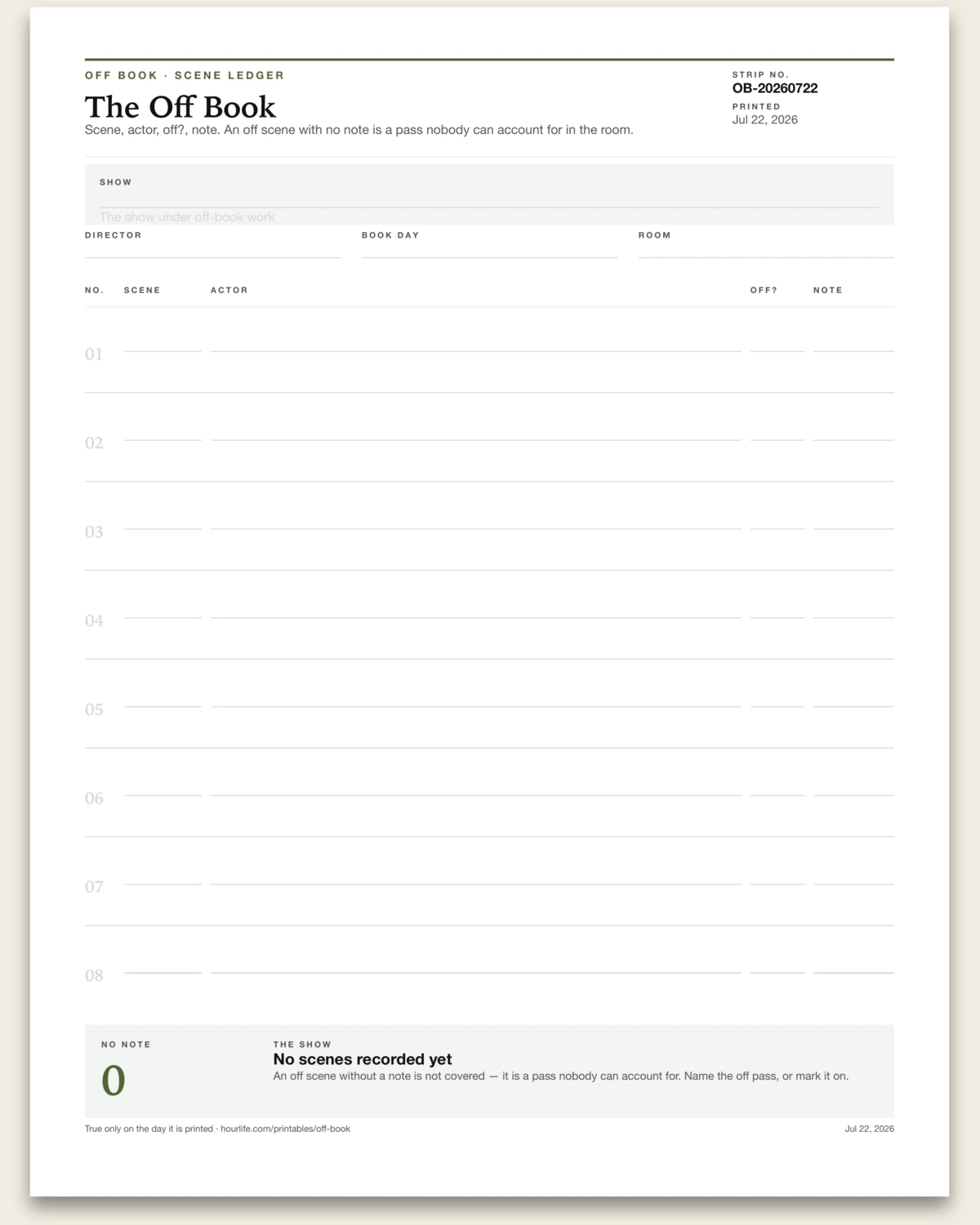 The Off Book blank layout preview