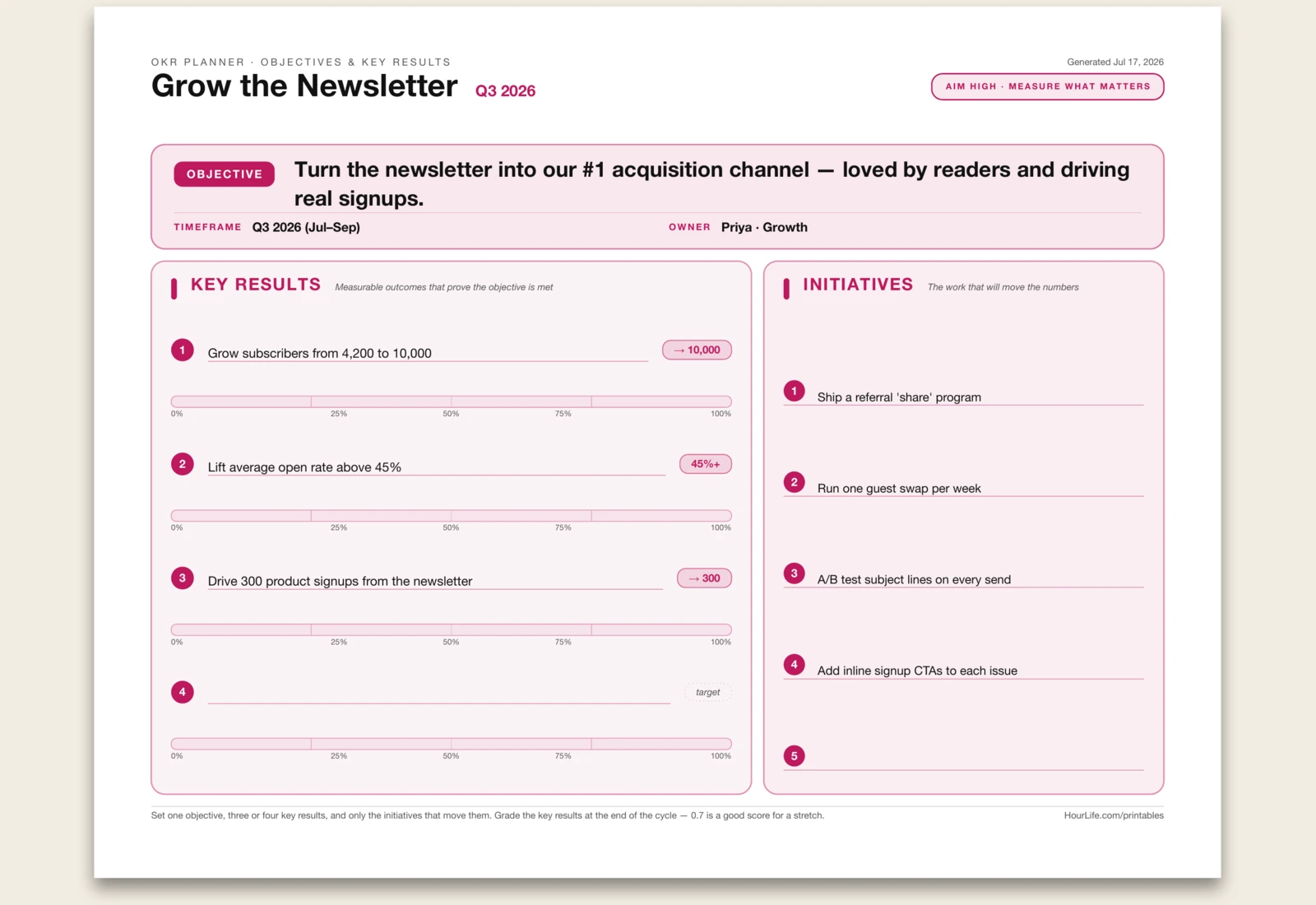OKR Planner filled example preview
